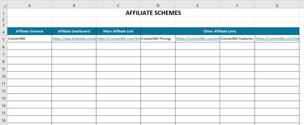 Affiliate Link Tracking Spreadsheet with additional columns for Other Affiliate Links