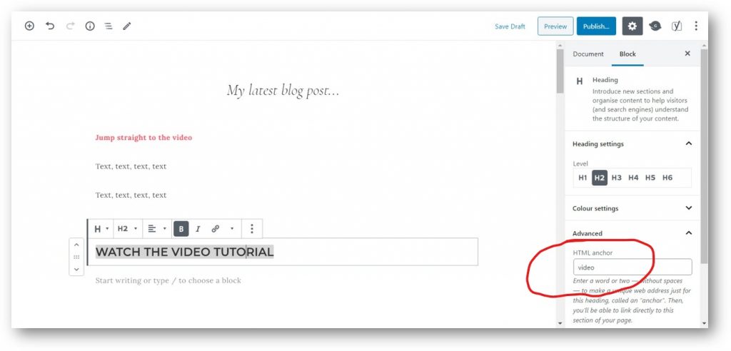 Showing the word 'video' in the advanced section of a H2 heading in the heading block menu on the right hand side of the WordPress Block Editor