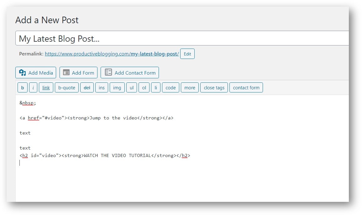 Adding <h2 id="video"> to the heading 'Watch the Video Tutorial' in the WordPress Classic Editor Text Editor