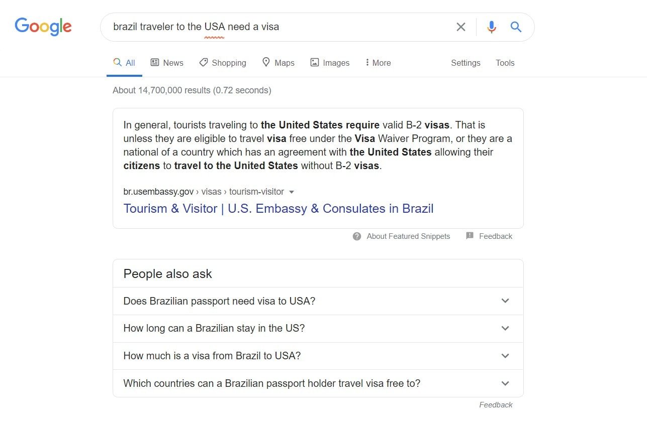 Google search results for "brazil traveler to the USA need a visa"