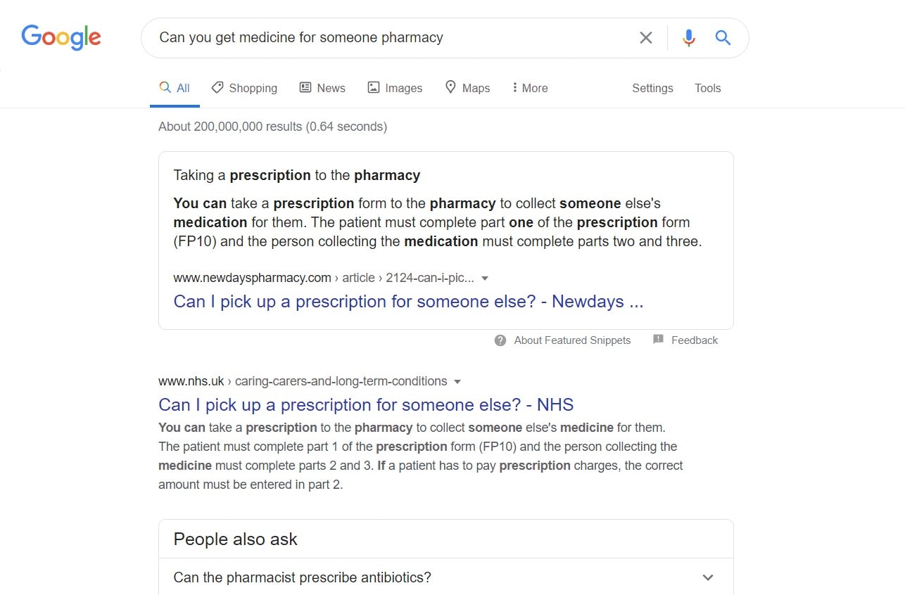 Google search results for “Can you get medicine for someone pharmacy”