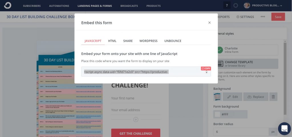 Select the embed code from ConvertKit