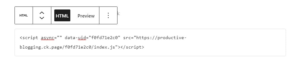 Example of ConvertKit embed code in a Custom HTML block