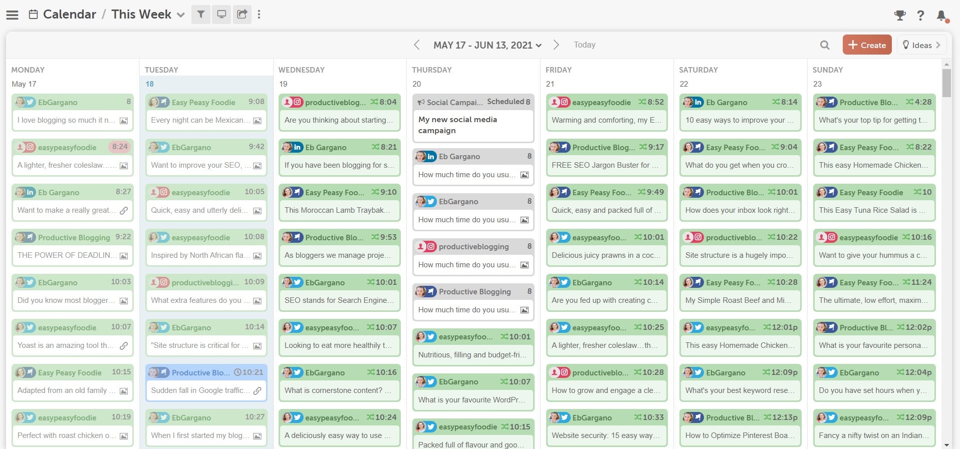 Screengrab of 4 social media messages all scheduled in the CoSchedule Marketing Calendar