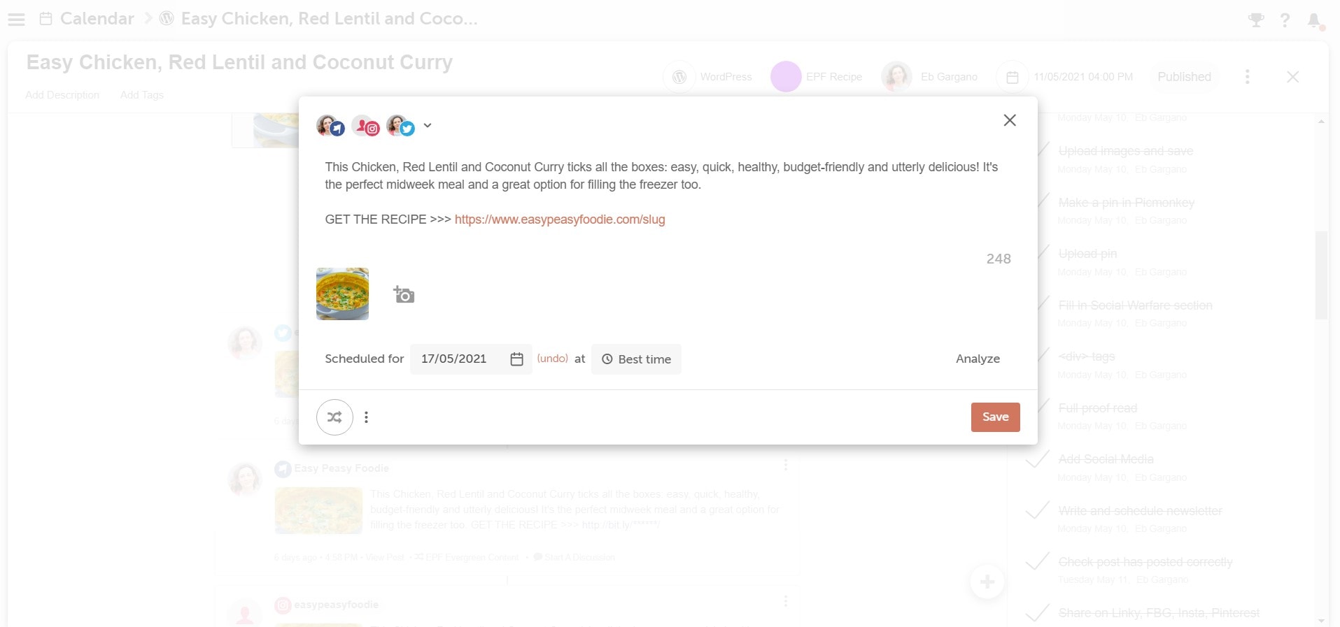 Screengrab of social media composer in CoSchedule, showing how you can create multiple social media messages all at once