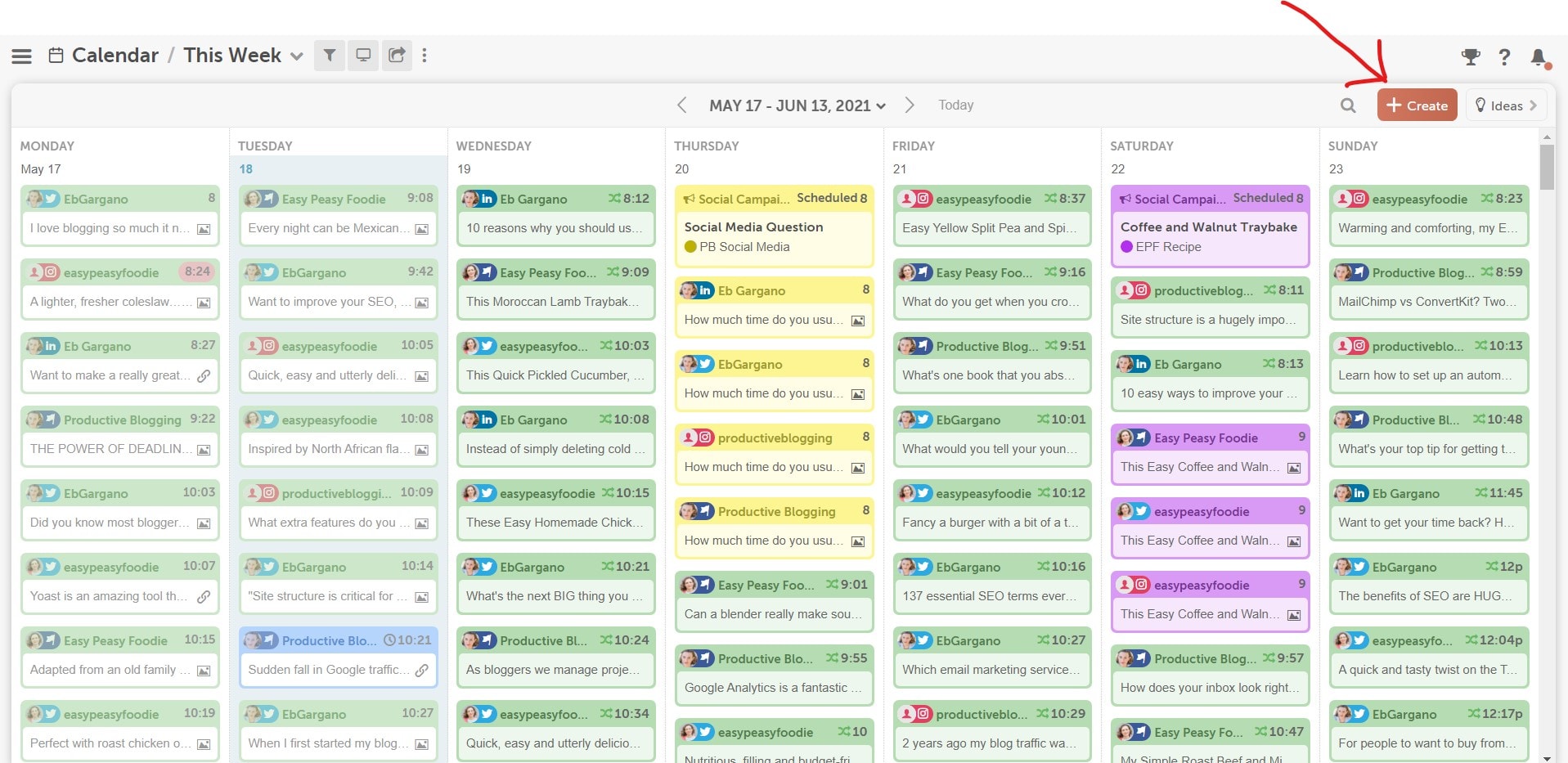 CoSchedule Marketing Calendar arrow pointing to orange 'create' button