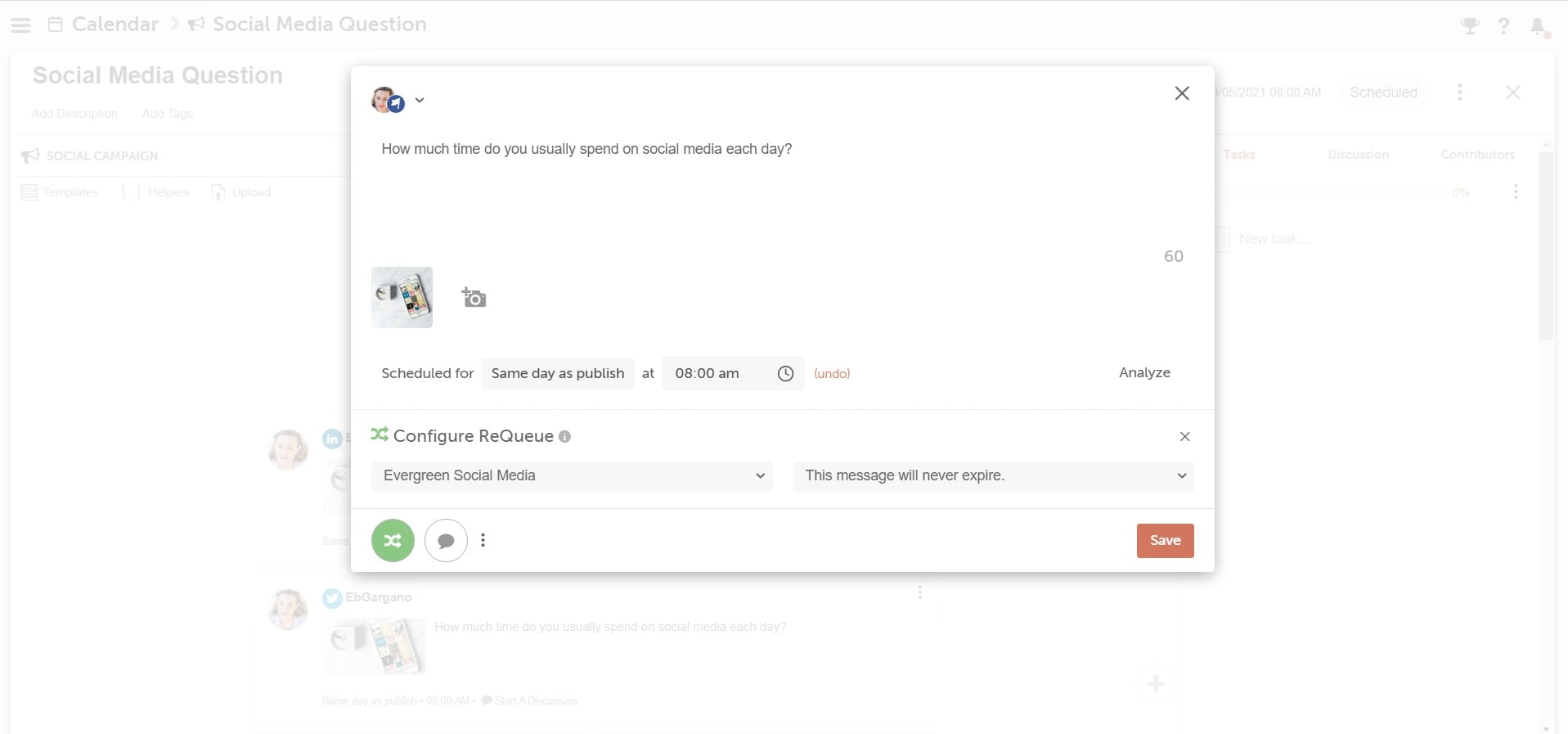 CoSchedule Social Media Message with ReQueue added