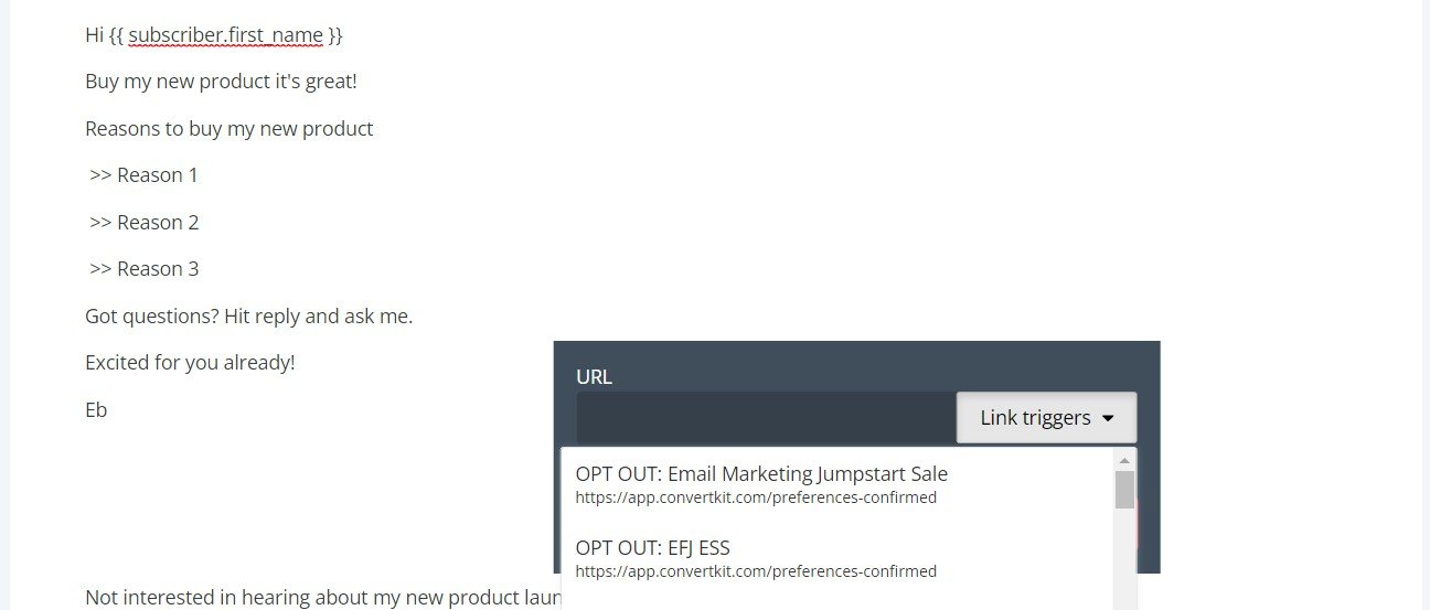Link triggers clicked to show OPT OUT: Email Marketing Jumpstart Sale