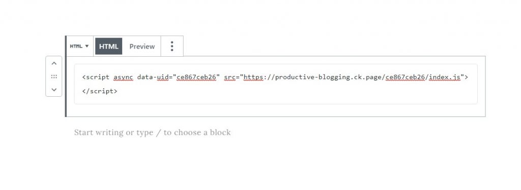 Example of embed code in a Custom HTML block