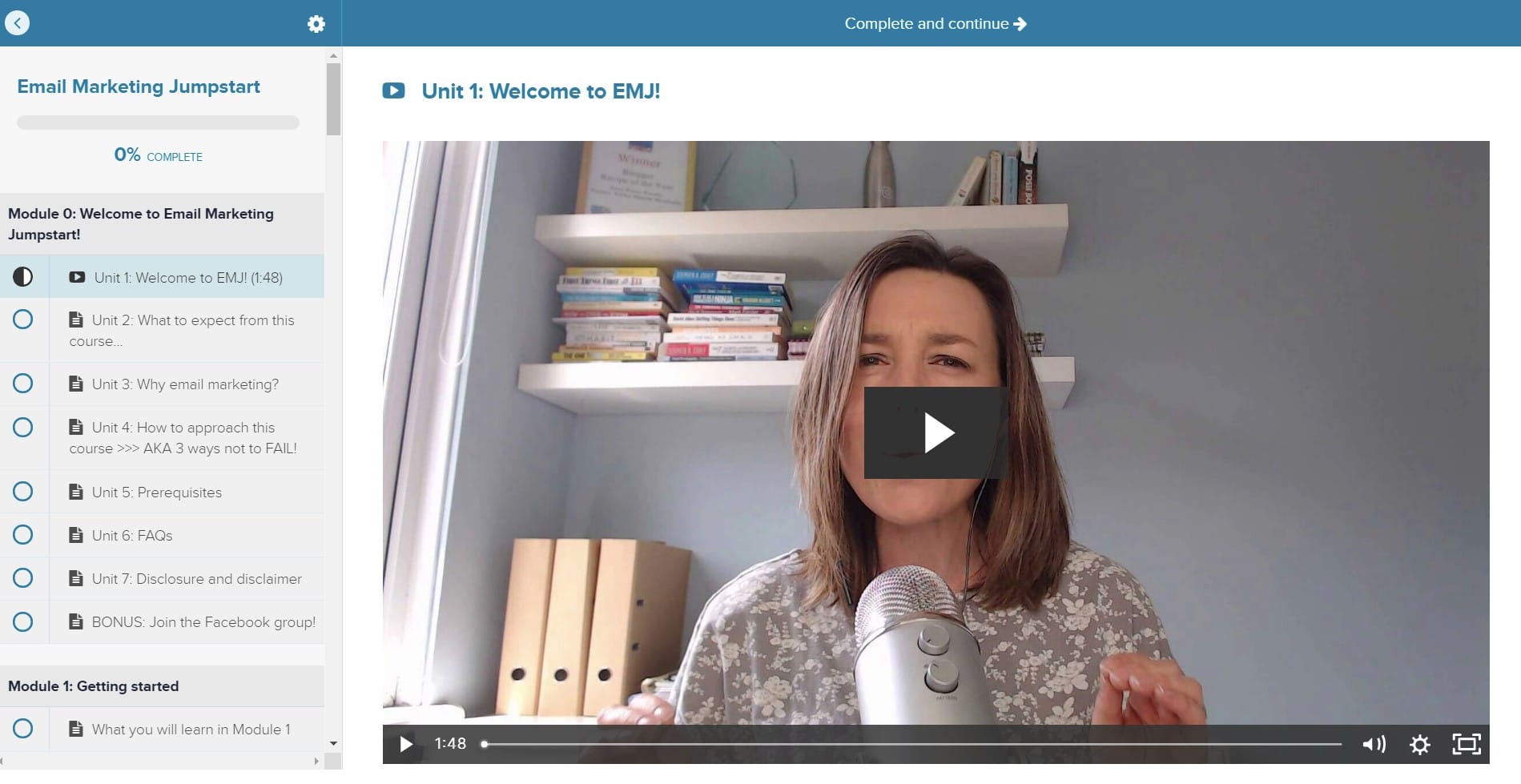 Screengrab of a video lesson inside Email Marketing Jumpstart on the Teachable platform