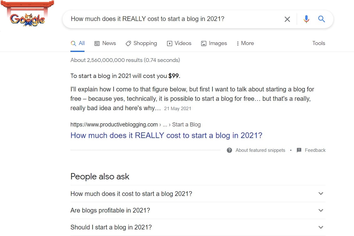 Google Featured Snippet for 'How much does it cost to start a blog in 2021'