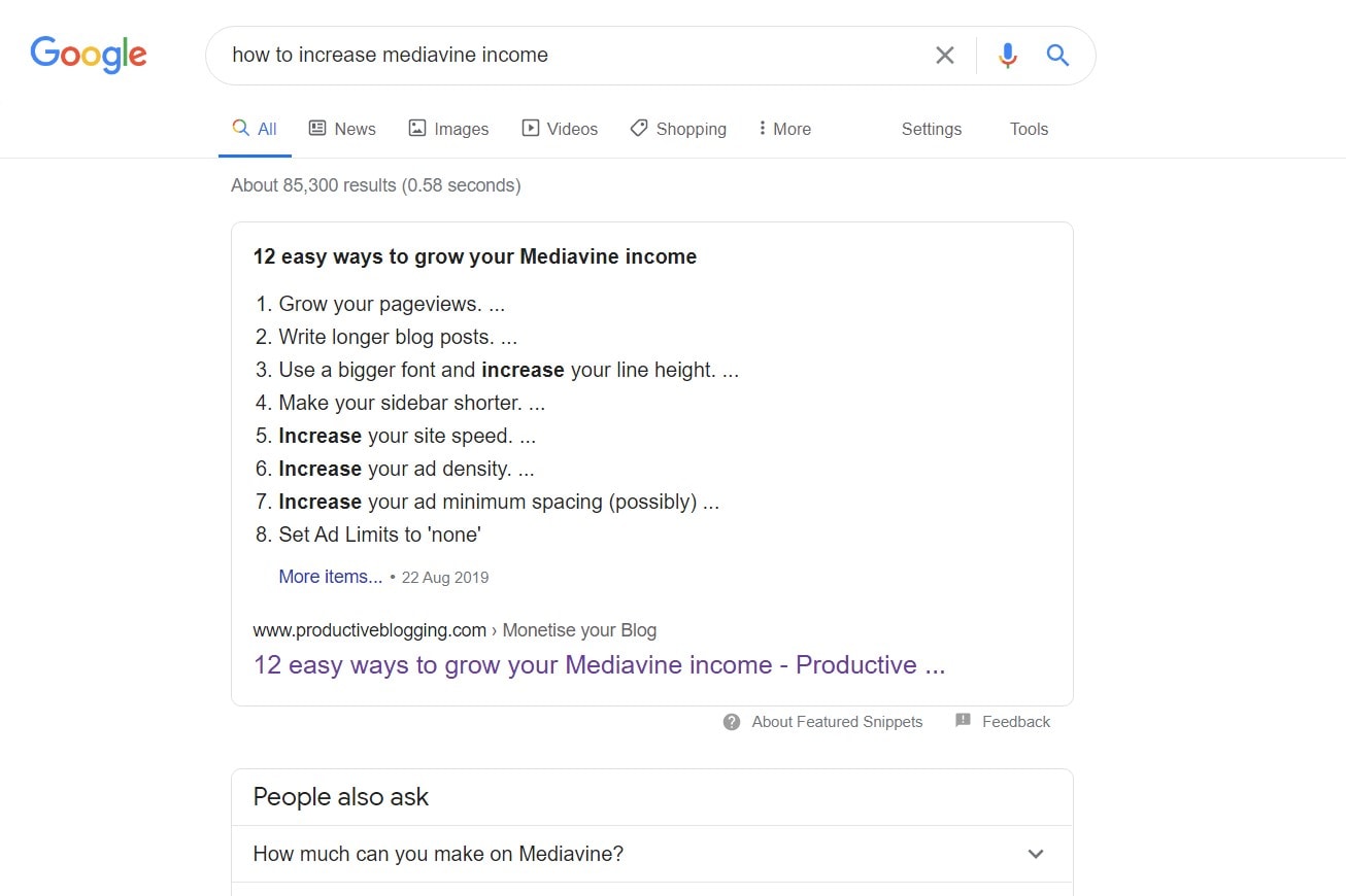 Example of a Google Featured Snippet with 'more items' link