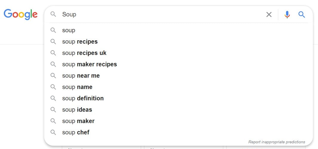 Google autocomplete results for 'soup'