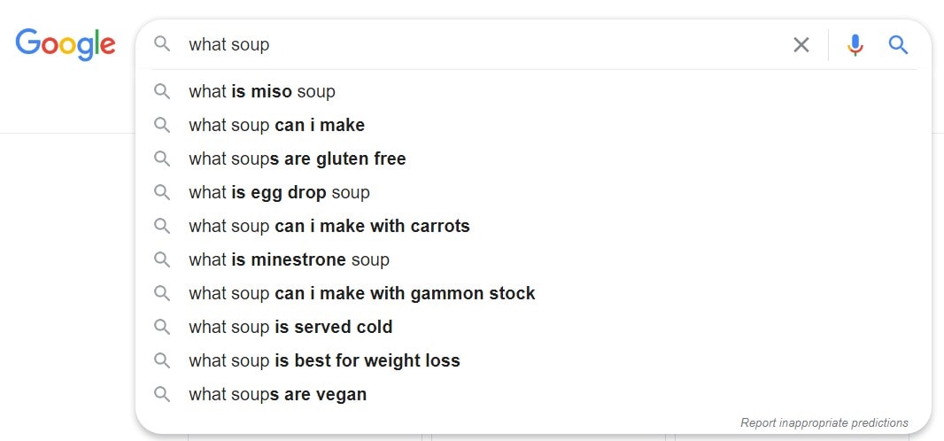 Google autocomplete results for 'what soup'