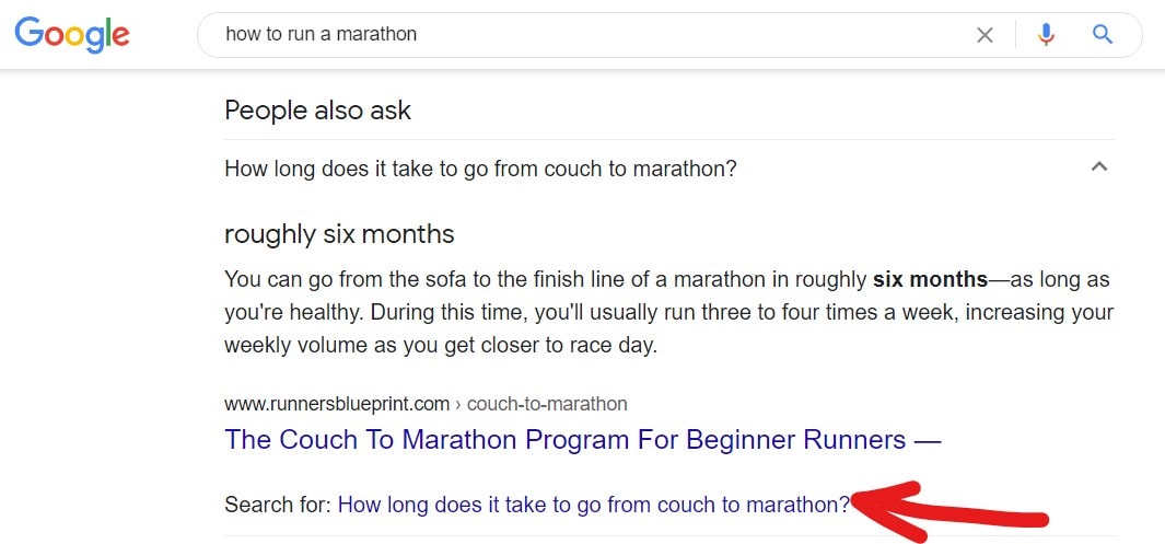 Highlighting option to 'Search for: How long does it take to go from couch to marathon?'