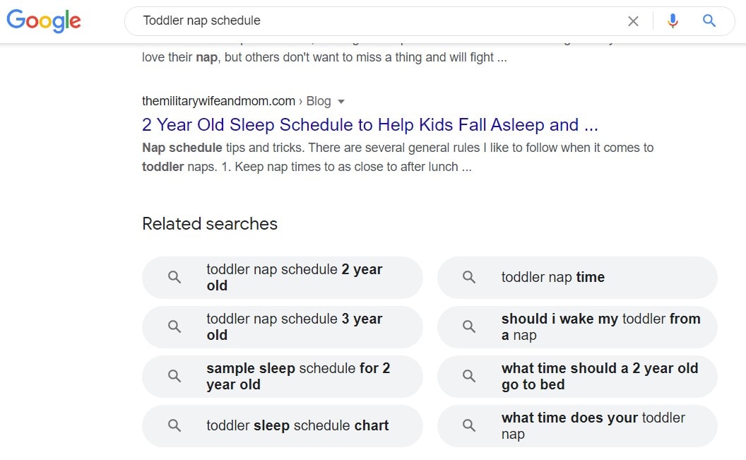 Google related searches results for 'Toddler nap schedule'