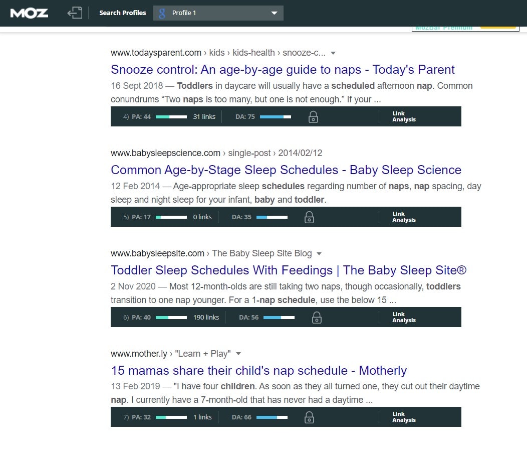 Google search results with Mozbar underneath each result showing DA