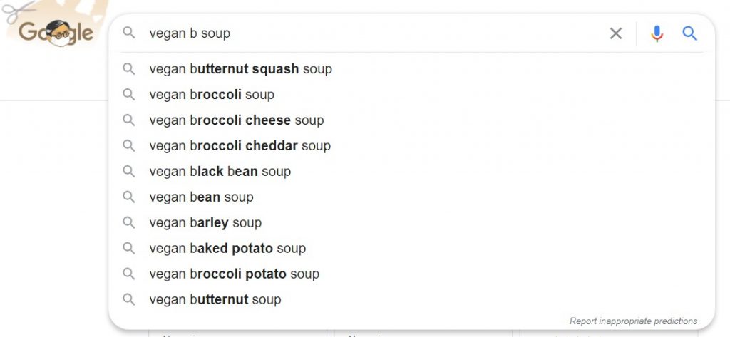 Google autocomplete results for 'vegan b soup'