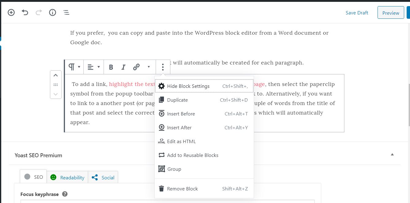 How to add a link in a blog post using the WordPress block editor