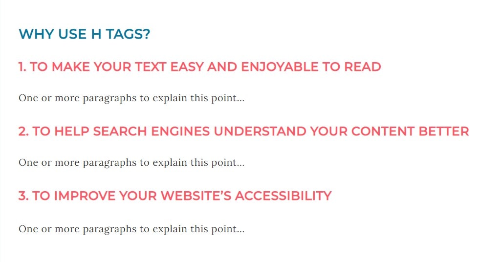 Example of H2 tag with target keyphrase 'WHY USE H TAGS?' and 3 H3 tags with the main points which reads...  1. TO MAKE YOUR TEXT EASY AND ENJOYABLE TO READ One or more paragraphs to explain this point…  2. TO HELP SEARCH ENGINES UNDERSTAND YOUR CONTENT BETTER One or more paragraphs to explain this point…  3. TO IMPROVE YOUR WEBSITE’S ACCESSIBILITY One or more paragraphs to explain this point…