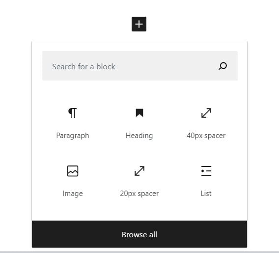 Gutenberg plus button expanded to show block options, including 'Heading'