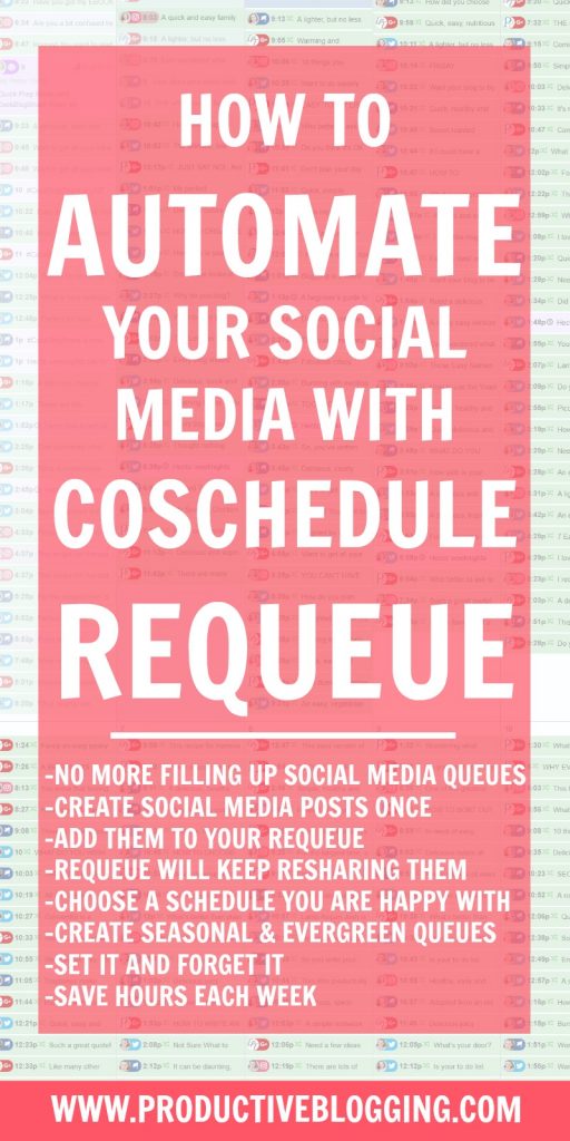 Fed up with spending hours a week scheduling social media? Wish you could just automate social media? Well you can! Here’s how you can automate your social media using CoSchedule ReQueue. #coschedule #requeue #setitandforgetit #socialmediamanagement #smm #socialmedia #schedulesocialmedia #automatesocialmedia #growyourblog #bloggrowth #bloggrowthhacks #timemanagement #productivitytips #productivityhacks #productivityhabits #productiveblogging #bloggingtips #blogginghacks #blogsmarter #blogsmarternotharder #BSNH