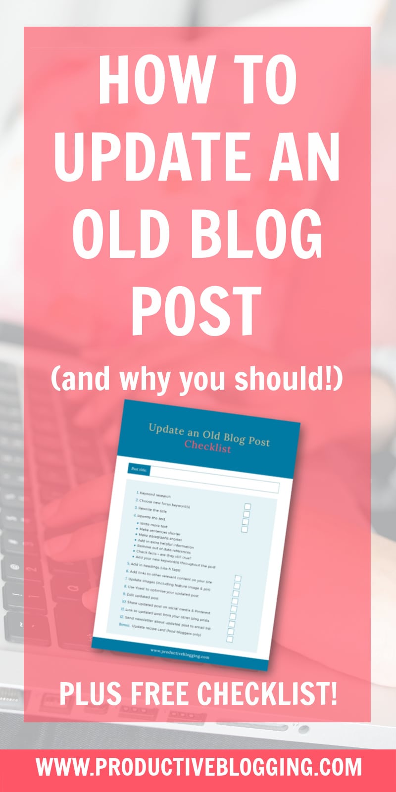 Regularly updating old content is an important part of SEO. Search engines want to send traffic to well-maintained websites. But how do you do it? Here’s how to update an old blog post… plus a handy checklist to work through as you update your old content. #seo #SEOtips #blogupdate #blogpostupdate #blogmaintenance #bloggingtips #bloggrowth #growyourblog #SEOhacks #blogginghacks #searchengineoptimisation #searchengineoptimization #SEOforBloggers #searchenginetraffic #productiveblogging