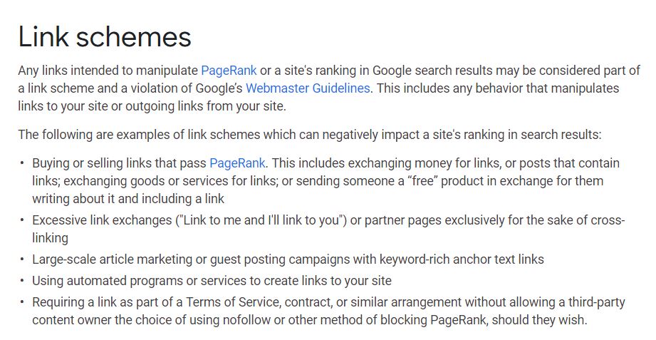 LINK SCHEMES Screengrab from Google Webmaster Guidelines