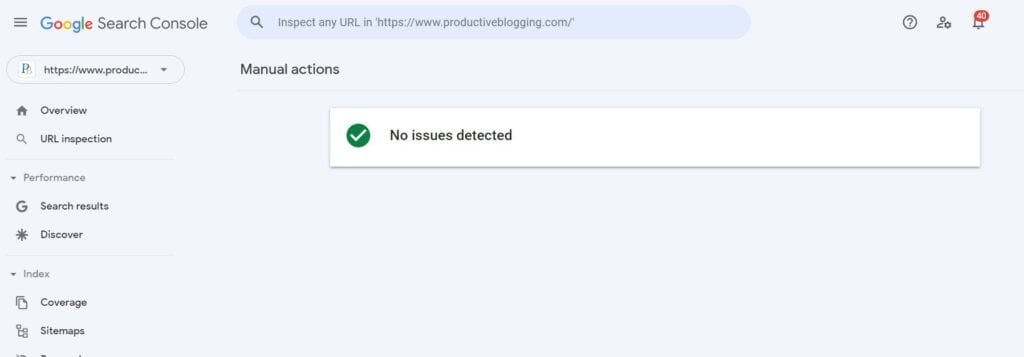 Manual Action Section of Google Search Console showing 'No Issues Detected'