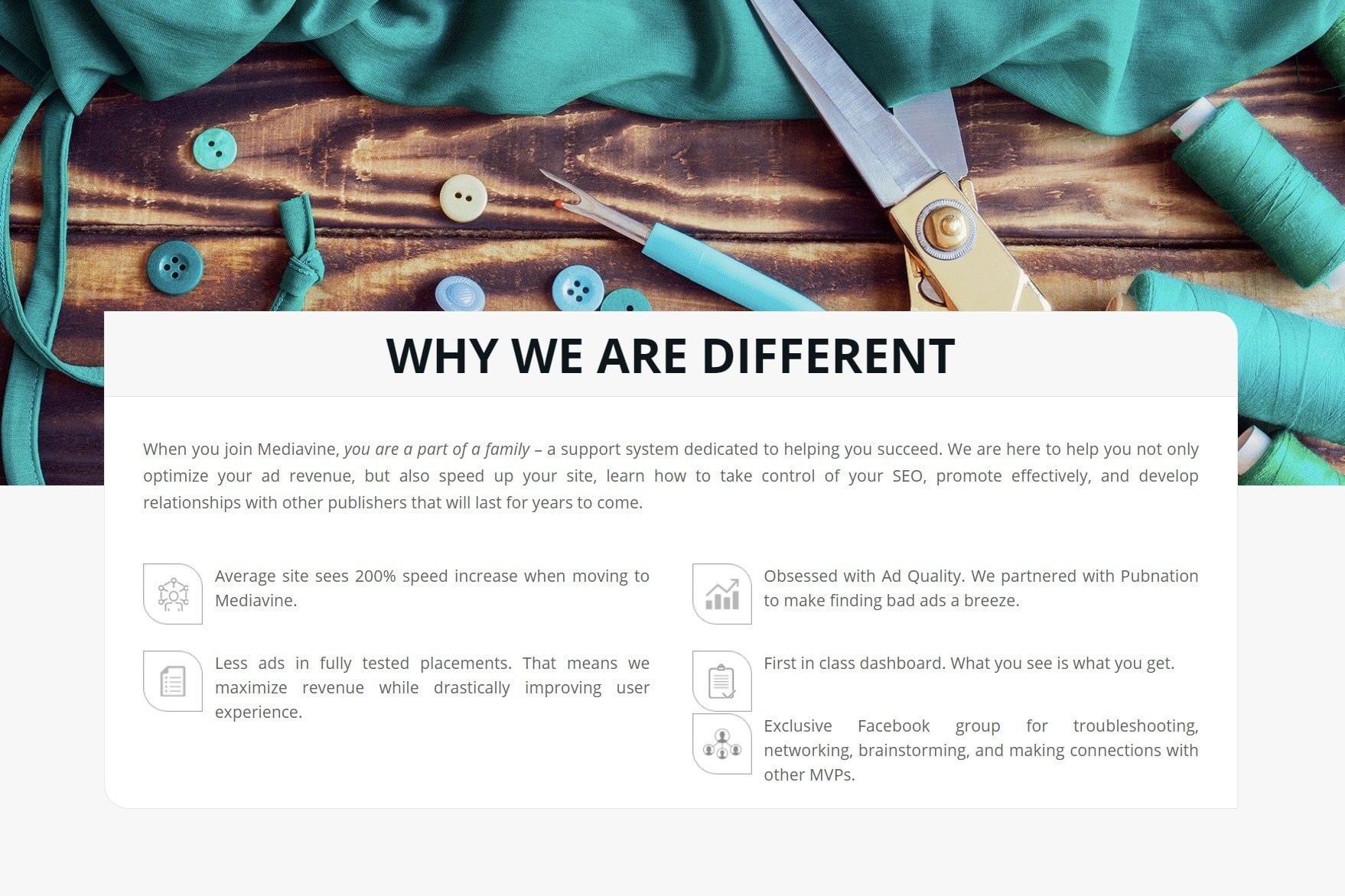 Screengrab from Mediavine 'Welcome to Mediavine' page, 'Why We are Different' section