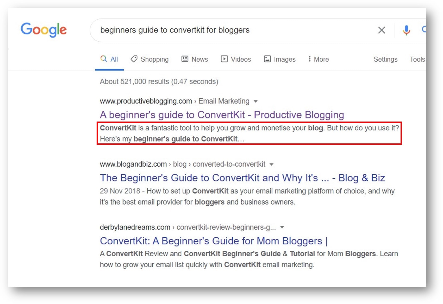 Example of a meta description which is compelling, it reads 'ConvertKit is a fantastic tool to help you grow and monetise your blog. But how do you use it? Here's my beginner's guide to ConvertKit…'