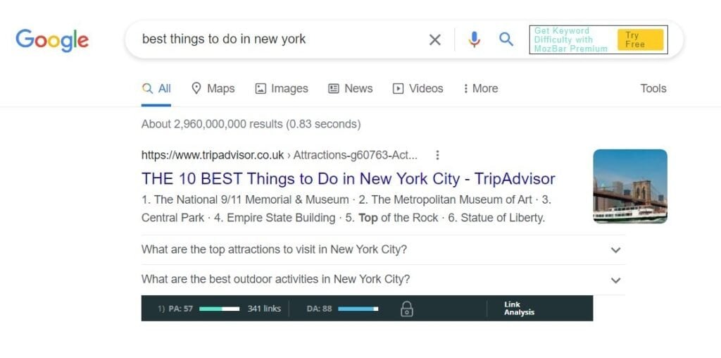 Example of MozBar Showing on a Google Search Result