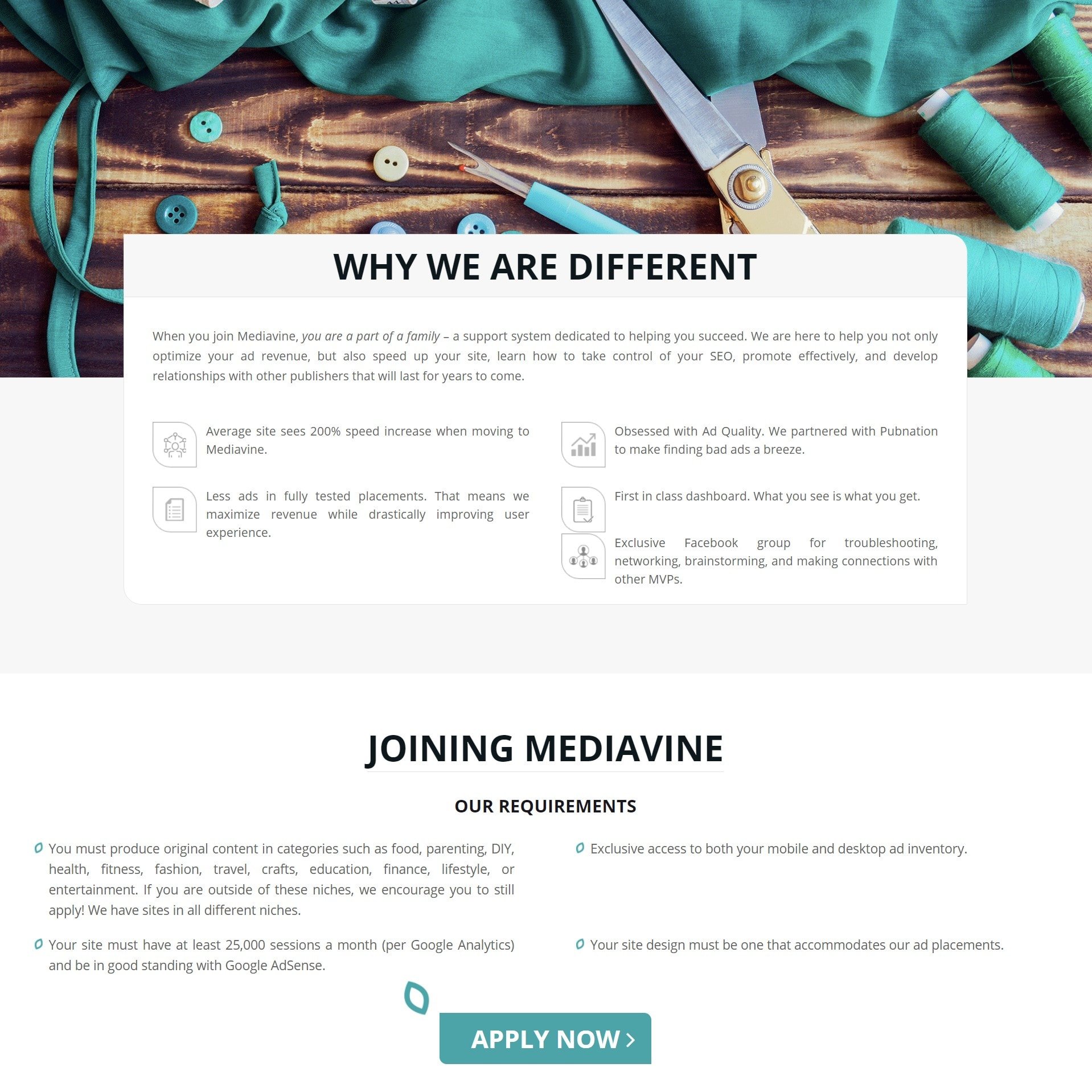 screengrab of Mediavine's application criteria