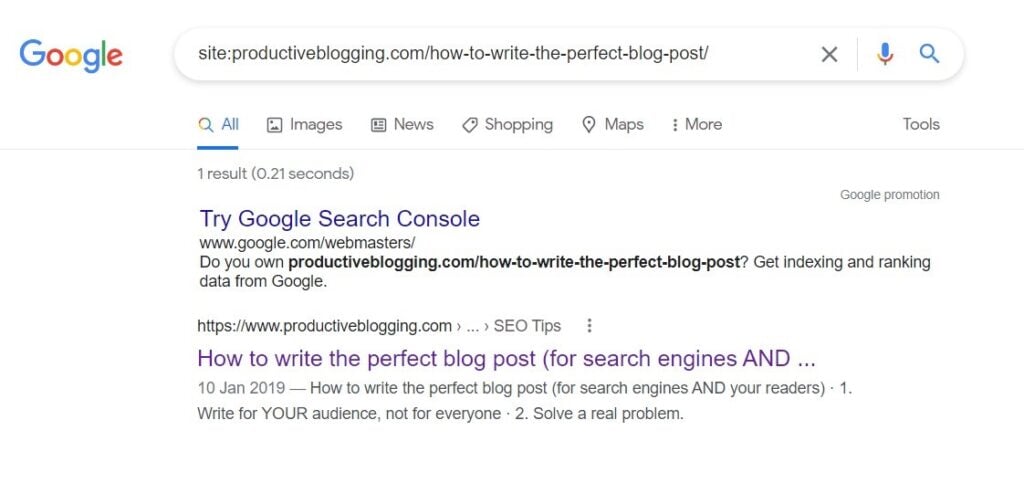 Example of site: plus URL of a blog post on Productive Blogging showing one result