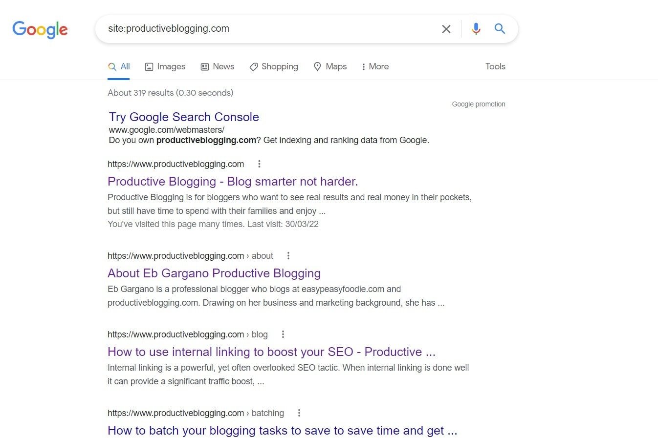 Example of site: plus productiveblogging.com showing results from Productive Blogging