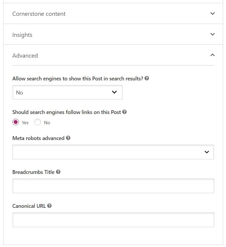 Advanced settings in Yoast where you can no index a post or page