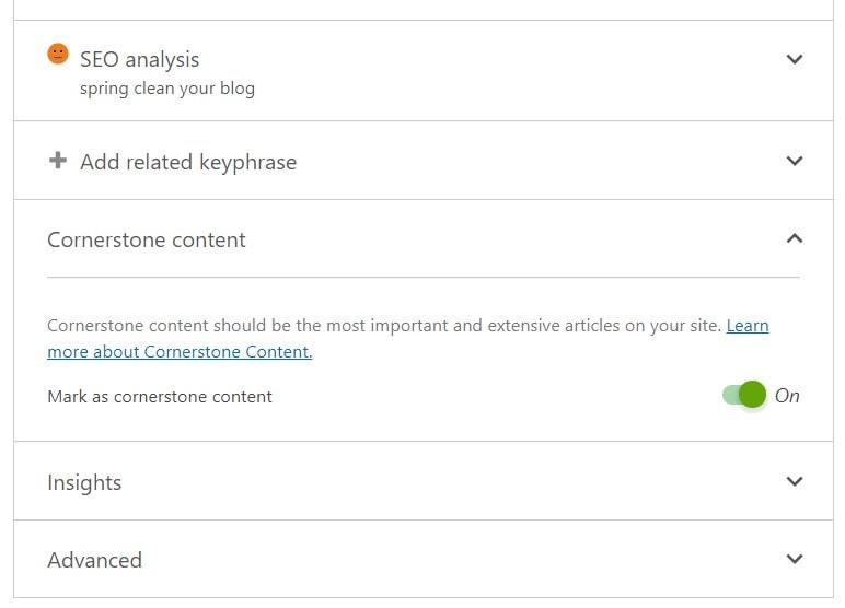 Yoast SEO Metabox Cornerstone Content