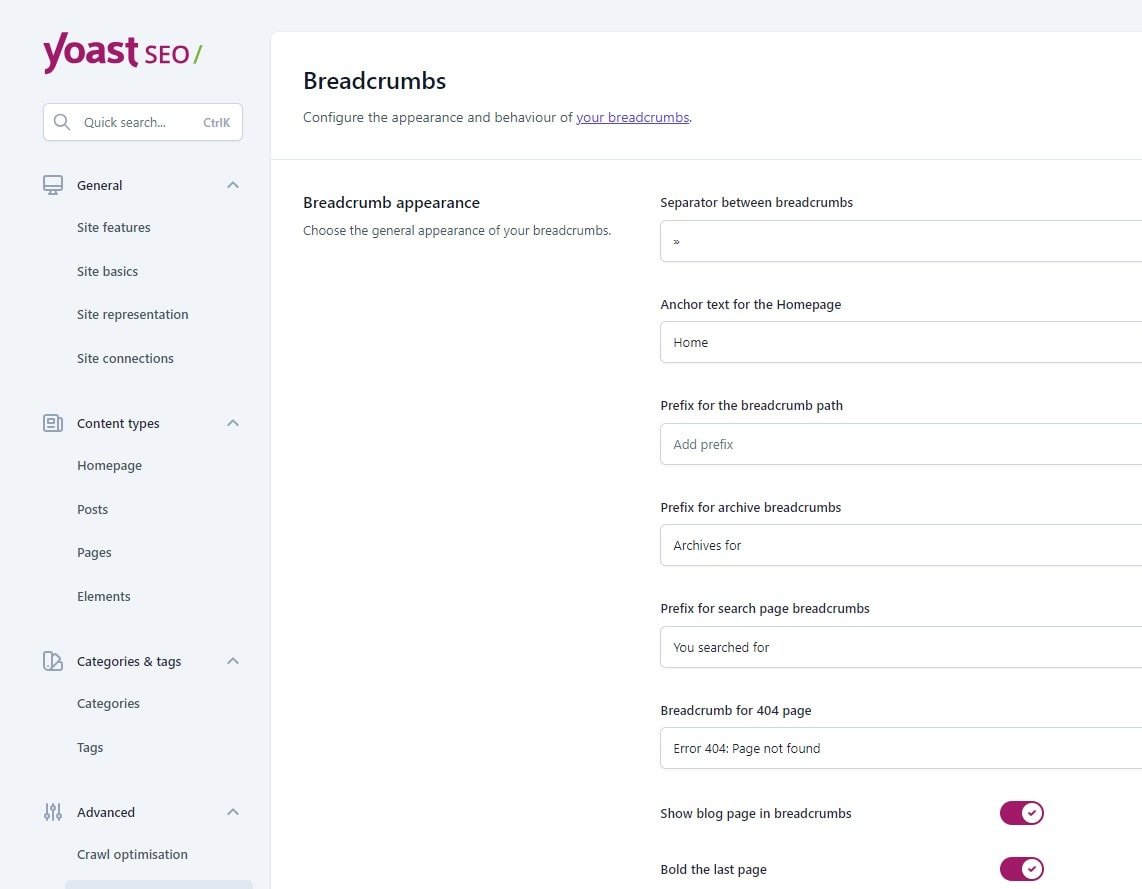 YOAST SEO >> SETTINGS >> ADVANCED >> BREADCRUMBS