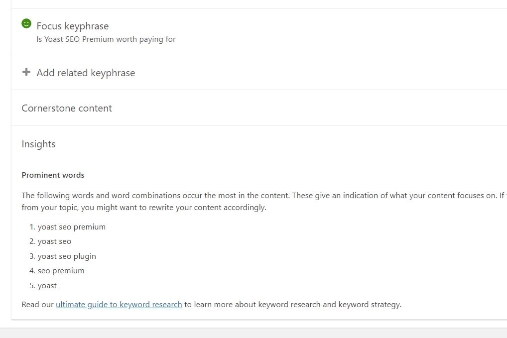 Screengrab of Yoast content insights tool