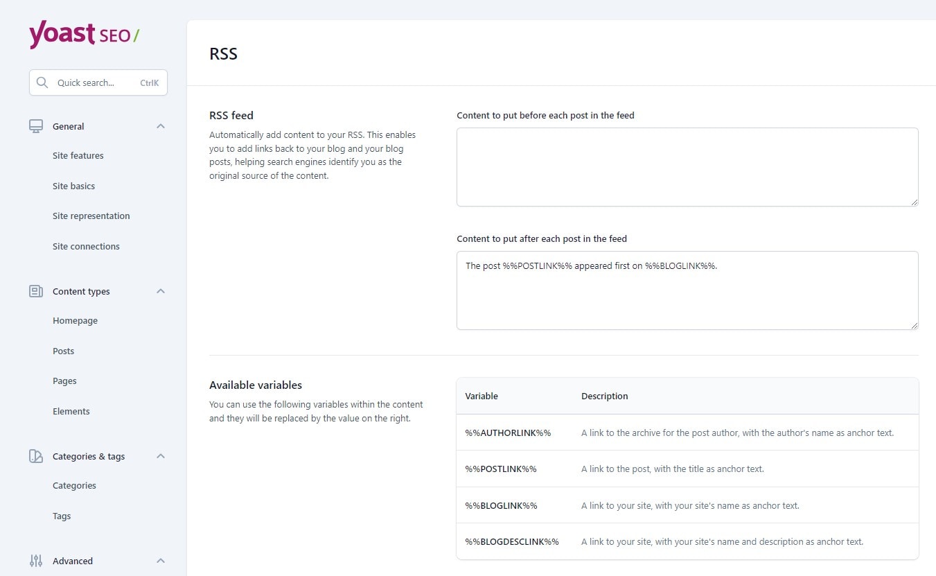 YOAST SEO >> SETTINGS >> ADVANCED >> RSS