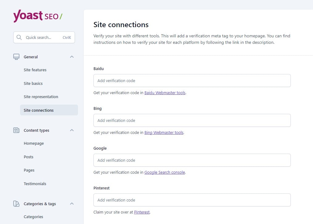 YOAST SEO >> SETTINGS >> GENERAL >> SITE CONNECTIONS