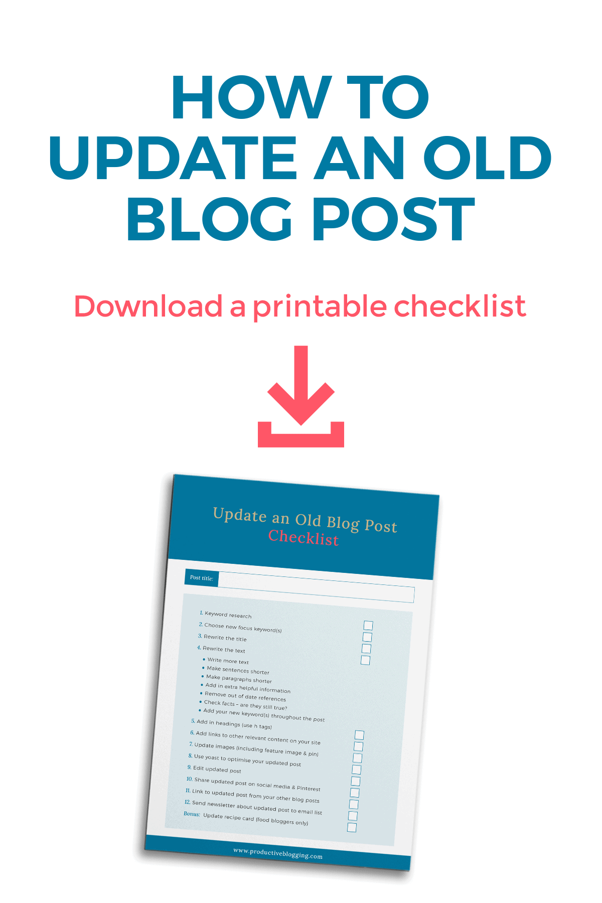 Image of checklist with caption above which reads: How to update an old blog post. Download a printable checklist.