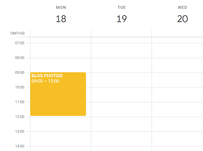 Image of a Google calendar with 9am to 12pm on Monday 18th blocked off for 'BLOG PHOTOS!'
