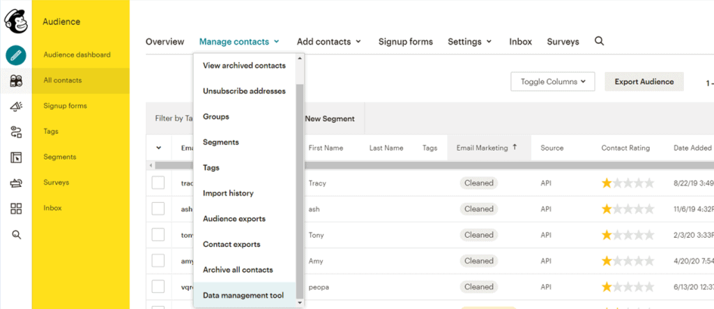 Audience tab > View Contacts > Manage Contacts > Data Management tool