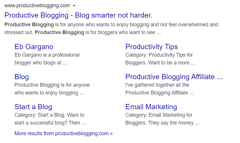 Screengrab of Google sitelinks for Productive Blogging